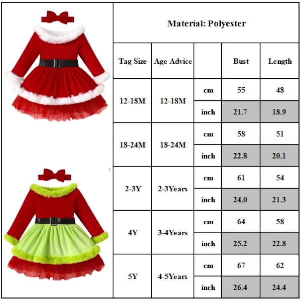 Sammetsklänning för små flickor, julklänning, långärmad, tomte-klänning, julprinsessklänning, pannband Green 2-3Y