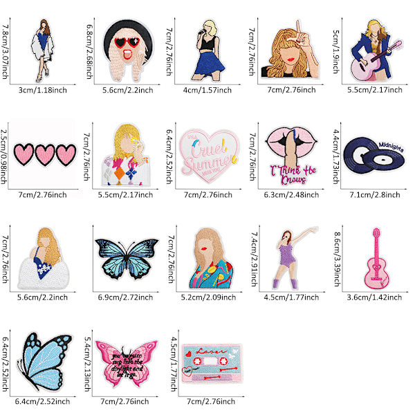 18 st Taylor Swift DIY applikation broderade lappar, sy på/stryk på lappar 18PCS