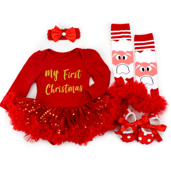 Baby Jul Kläder Flicka Fyra-delad Långärmad Romper Klänning C XL