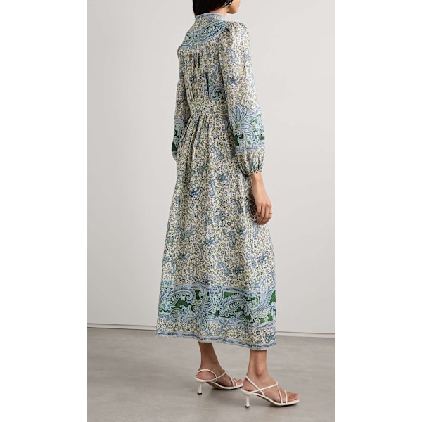 Ottie Plisseret Trykt Linned Midi Kjole 2025 Forår Nyt Kvinde Mode Temperament Retro V-Hals Lange Ærmer Enkelt Knaplukning Kvinder Lang Kjole Green XL