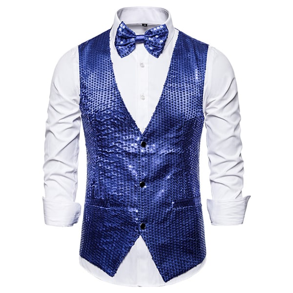 Miesten paljettiliivit + rusetti napillinen liivi glitterliivi bisnes tanssiaisasupuku Blue M