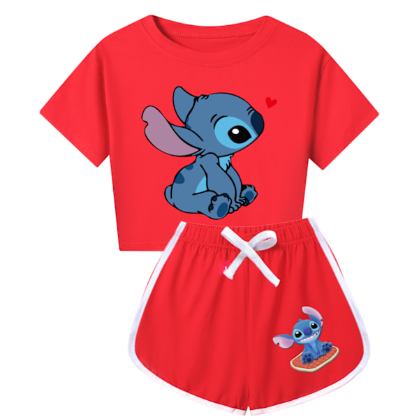 5-14 År Barn Ungdomar Flickor Pojkar Stitch Tryckt Träningsdräkt Kortärmad T-shirts Topp+ shorts Sportkläder Set Gåvor Red 140cm