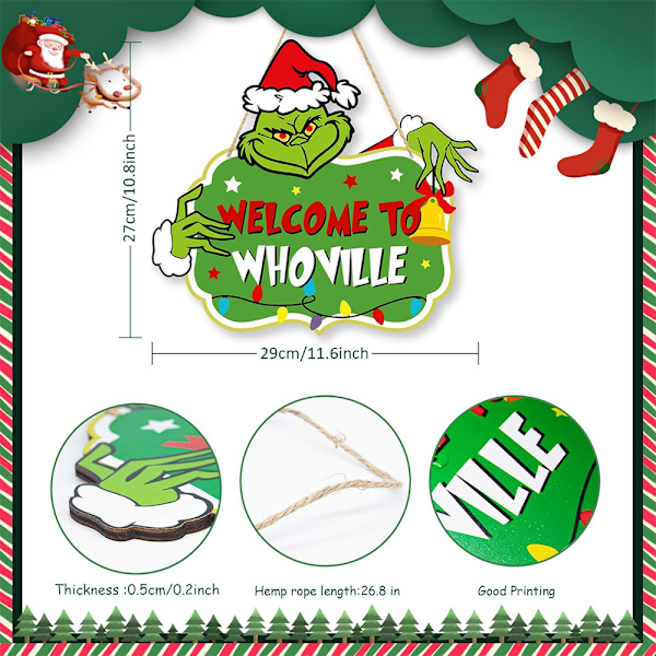 Grinch-skylt Julhängande Skylt Glad Grinchmas Trä Dörrskylt för Jul Vägg Träd Dekoration C