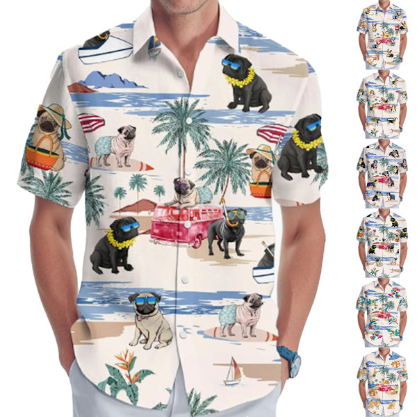 Herr Hawaiian 3D Hund Tryck Kortärmad Knappar Skjortor Sommar Semester Strand Toppar F S