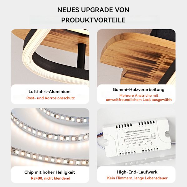 [3-dagers forsendelse] LED taklamper med tre - Trinnløs dimbar taklampe - 2 ringer moderne soveromslampe - Trespisestuelampe, med fjernkontroll 60x38cm
