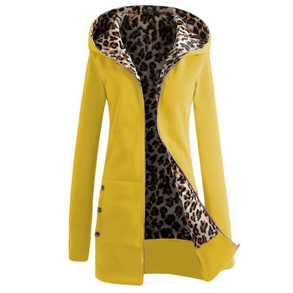 Vinter Kvinnor Hooded Thickened Plus Fleece Leopard Sweater Jacka Yellow M