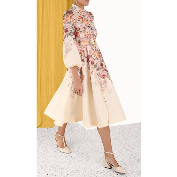 LUMINOSITY MIDI-KJOLE MED KNAPPER 2025 Forår Ny Dame Mode Temperament Retro Stående Hals Slips Lange Ærmer Enkelt Knap Dame Lang Kjole XL