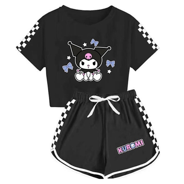 Barn Flickor Pojkar Cartoon Kuromi Tryckt Kortärmad T-shirt & Shorts Kläder Set Black 160cm