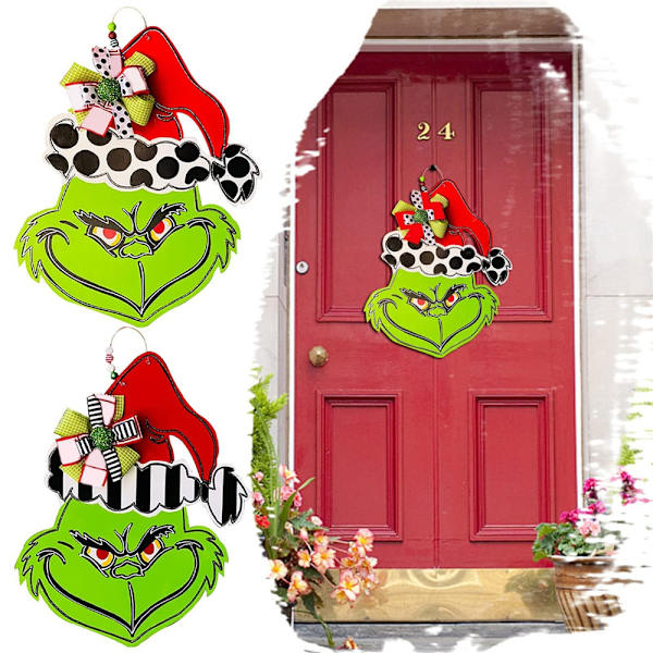 Julgrinch Trä Dörr Hängande Skylt Gård Veranda Fönster Deko Stripe
