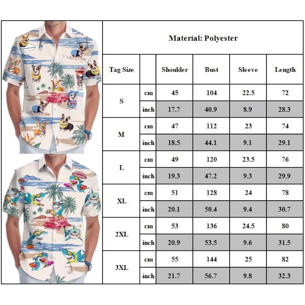 Herr Hawaiian 3D Hund Tryck Kortärmad Knappar Skjortor Sommar Semester Strand Toppar C XL