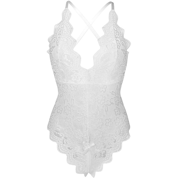 Naisten seksikäs alusvaatteet Babydoll haaraton body pitsi yöasu KUUMA White XL