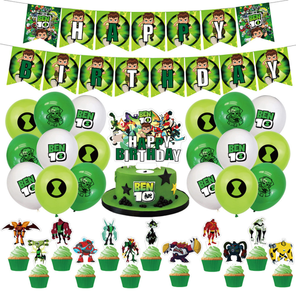 Ben 10 Tema Födelsedagsfest Dekor Banner Ballonger Cupcake Toppers Supply Kit