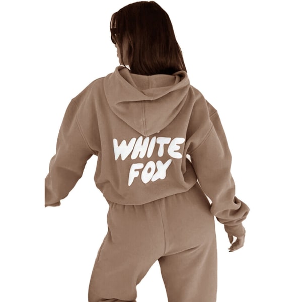 Womens White Fox Hoodie Tracksuit Sweatshirt Tops Long Pants Set Camel color S