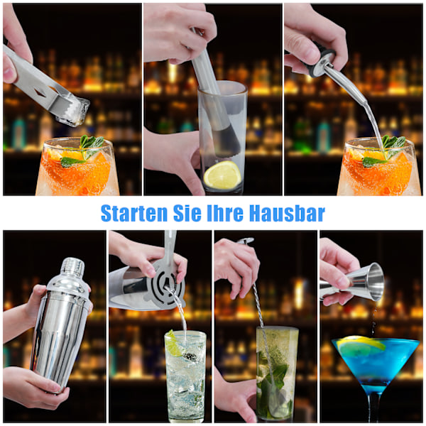 12-osainen cocktail-setti, jossa on 11 ruostumattomasta teräksestä valmistettua lisävarustetta ja 1 bambuteline, 750 ml:n shakeri, baariin, kotibileisiin, helppo puhdistaa ja kätevä käsitellä