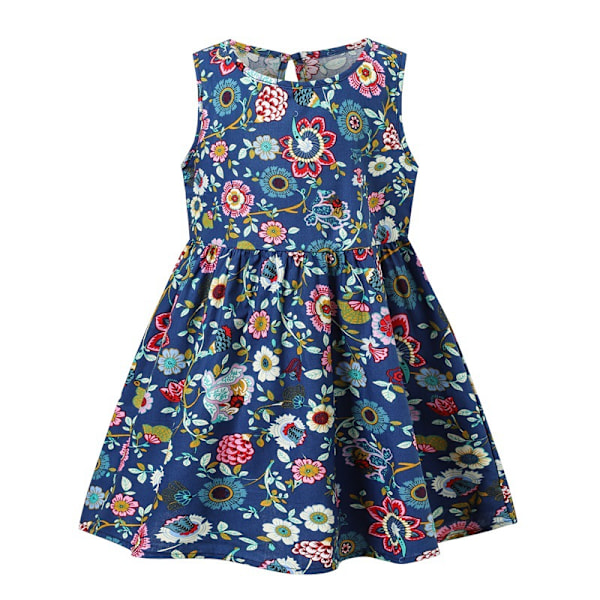 Småbarn Flickor Blommig Klänning Ärmlös Sommar Semester Fest Strand Solklänning Navy 100cm