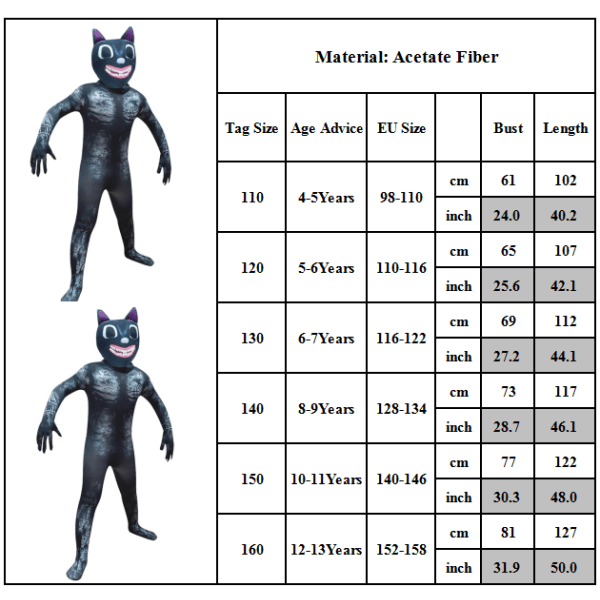 Barn Cartoon Katt Halloween Anime Svart Katt Cosplay Body Suit 160cm