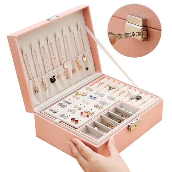 Smykkeskrin, Dobbeltlags PU læder opbevaringsæske til ringe øreringe armbånd halskæder smykkeorganisator gaveæske til piger kvinder Pink