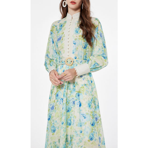 RAIE LEVÄHIHAINEN MIDI-MEKKO 2025 Kevään Uusi Naisten Muoti Temperamentti Retro Pystykaulus Solmittava Pitkähihainen Yksirivinen Naisten Pitkä Mekko Green 2XL
