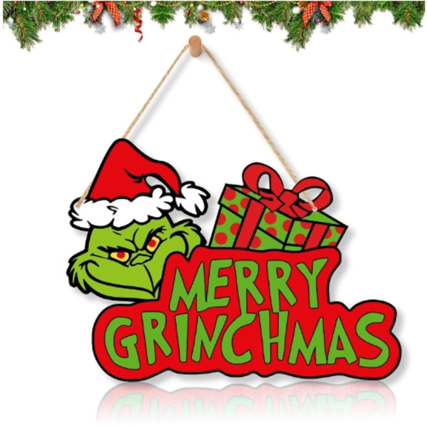 Grinch-skylt Julhängande Skylt Glad Grinchmas Trä Dörrskylt för Jul Vägg Träd Dekoration B