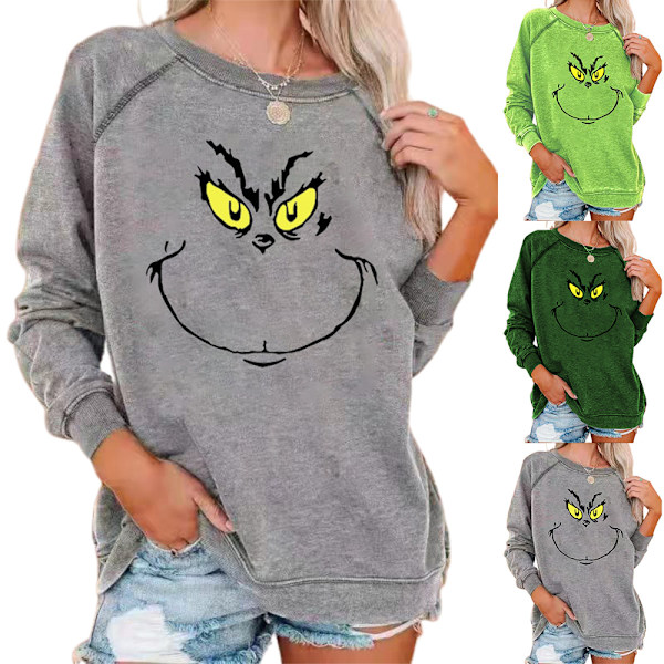 Jultröja för kvinnor med lång ärm, Grinch-tryck, jultröja, toppar Dark Green XL