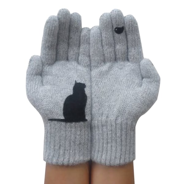 Handskar med katt- och print för kvinnor, modetrendshandskar gray