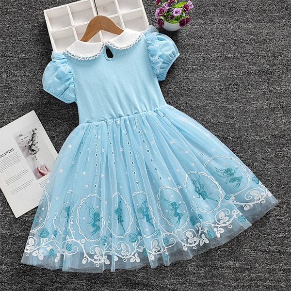 Barnflickor Elsa Princess Tulle Klänning Peter Pan Krage Babydoll Sommarklänning Fest Light blue 140cm