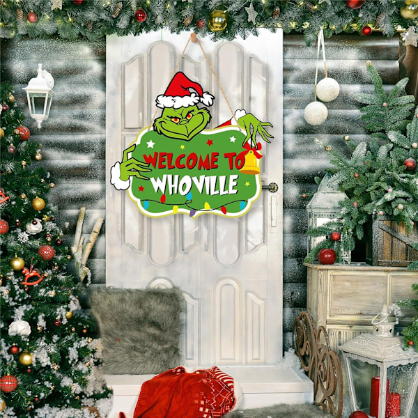 Grinch-skylt Julhängande Skylt Glad Grinchmas Trä Dörrskylt för Jul Vägg Träd Dekoration C