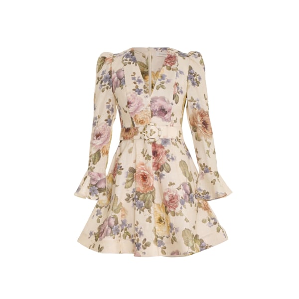 LUMINOSITY MINI KJOLE Dame Mode Temperament Retro Stående V-Hals Trykt Flare Ærme Kort Kjole L