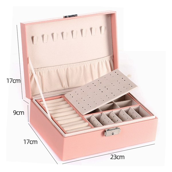 Smykkeskrin, Dobbeltlags PU læder opbevaringsæske til ringe øreringe armbånd halskæder smykkeorganisator gaveæske til piger kvinder Pink