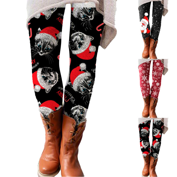 Kvinnors Skinny Byxor Vinter Varma Jul Tomte Print Legging Byxor A XL