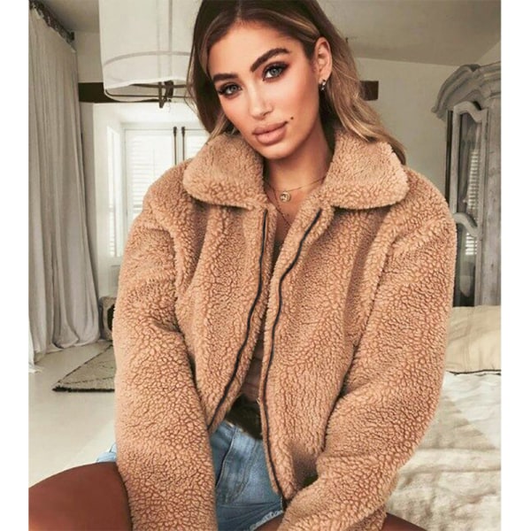 Kvinnors beskuren jacka Notch Revers Faux Fur Fluffy Coat Kamel XL