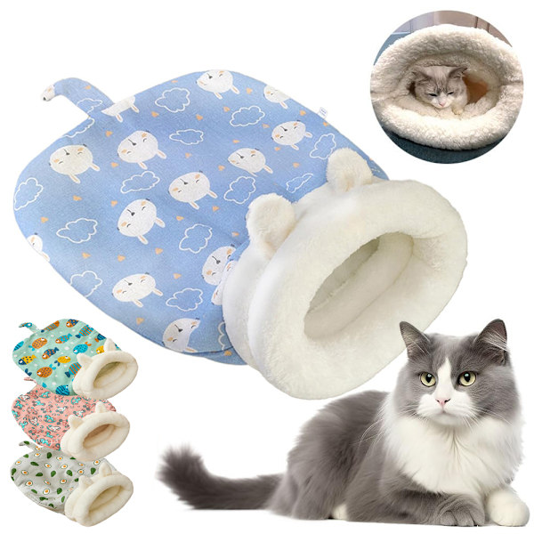 Sovsäck för inomhuskatter, Plysch Kattsäck, Fluffig Katttunnel Lugnande Sovsäckar Blue Rabbit