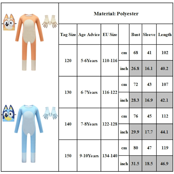 Kids Blueys Hundvänner Maskeraddräkt Festklänning Overall Mask Halloween Outfit Blue 130cm