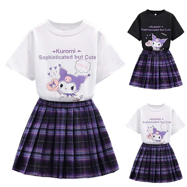 Kuromi Kostym Barn Flickor Sanrio Kortärmad T-shirt Plisserad Kjolar Outfit Set Black 140cm