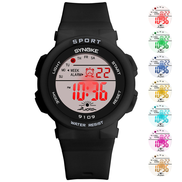 Barnarmbandsur Vattentät digital watch med 7-färgs bakgrundsbelysning Black