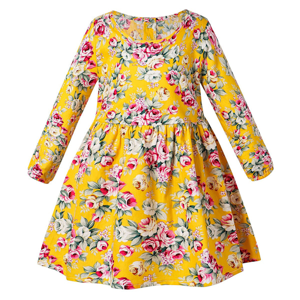 Barn Flicka Boho Blommig Långärmad Prinsessklänning Semesterfest Bal Swing Klänning Yellow 110cm