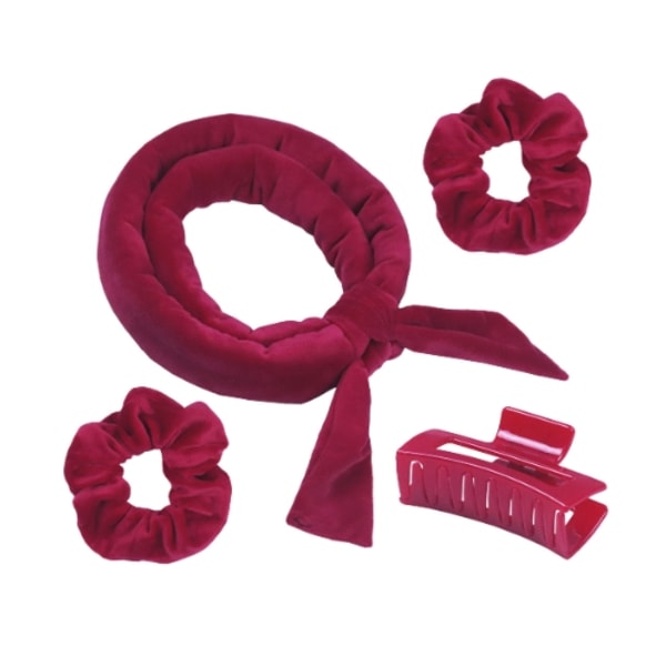 Värmelös Curling Pannband Curl Ribbon med Hair Claw Clip wine red
