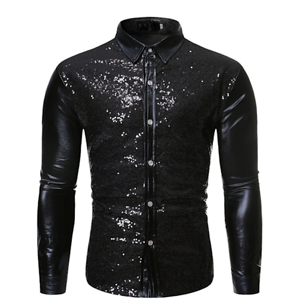 Miesten Vintage Metallinhohtoinen Paljetti 70-luvun 80-luvun Disco Pitkähihainen Napitettava Paita Slim Black M