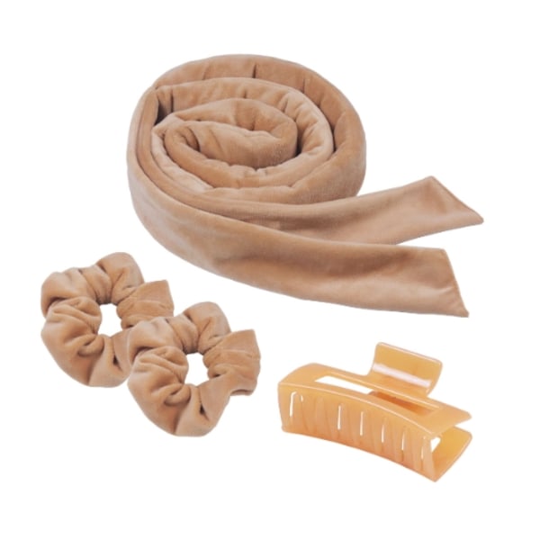 Värmelös Curling Pannband Curl Ribbon med Hair Claw Clip beige camel color