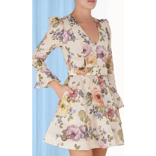 LUMINOSITY MINI KJOLE Dame Mode Temperament Retro Stående V-Hals Trykt Flare Ærme Kort Kjole M