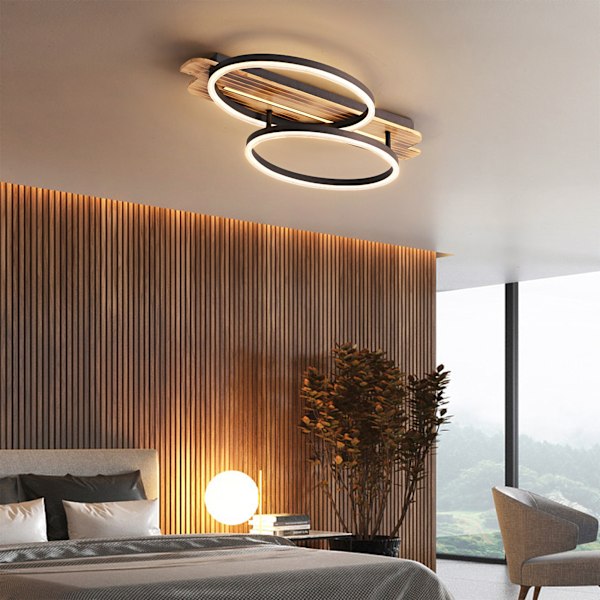 [3-dagers forsendelse] LED taklamper med tre - Trinnløs dimbar taklampe - 2 ringer moderne soveromslampe - Trespisestuelampe, med fjernkontroll 60x38cm