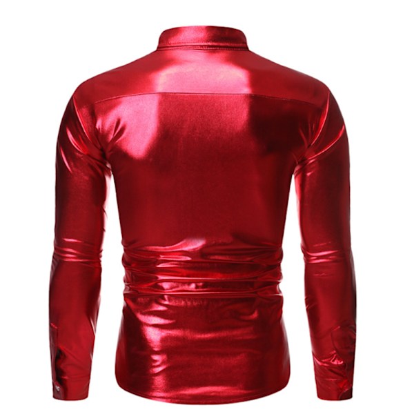 Miesten Vintage Metallinhohtoinen Paljetti 70-luvun 80-luvun Disco Pitkähihainen Napitettava Paita Slim Red M