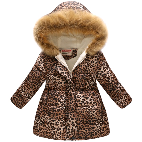 Printed pälskrage Hooded Pocket Zip Outdoor Jacka Leopard 110cm