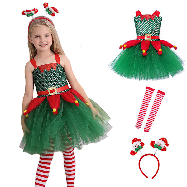 Lasten tyttöjen joulupuku setti Tutu mekko + sukat + hiuspanta 2XL