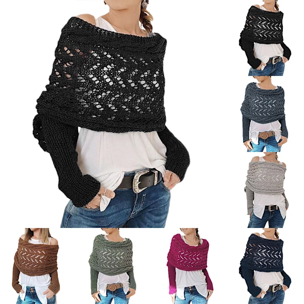 Strikkede sweatertoppe til kvinder, tørklæder, elegant modetørklæde med ærmer, efterår, vinter, varmt udendørs Black