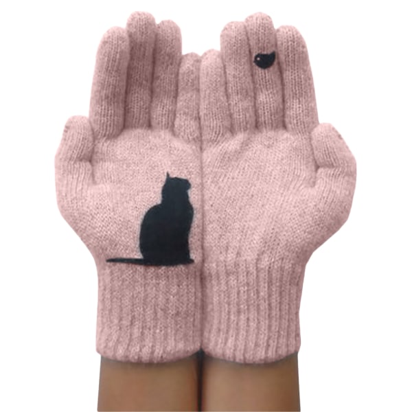 Handskar med katt- och print för kvinnor, modetrendshandskar Pink