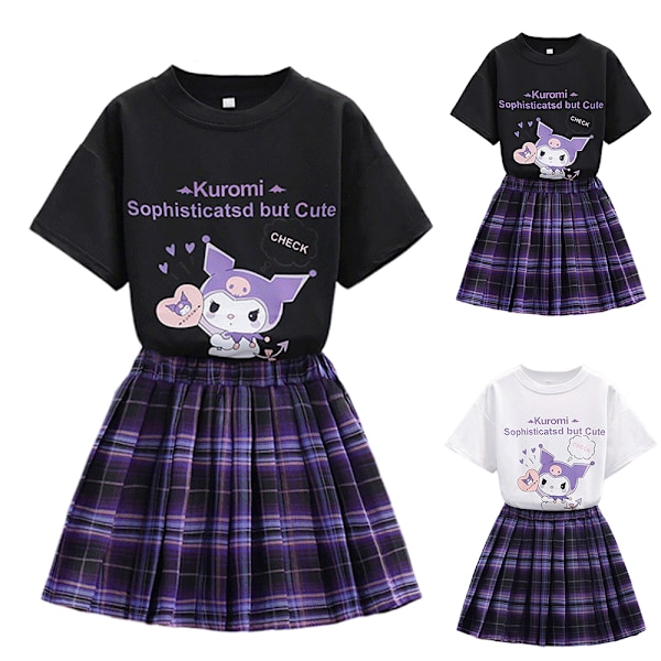 Kuromi Kostym Barn Flickor Sanrio Kortärmad T-shirt Plisserade Kjolar Outfit Set Black 160cm