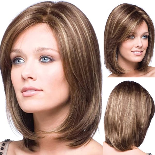 Kvinna med diagonal lugg_ kort rakt hår peruk_ mode peruk_ Linen brown + light gold 35cm