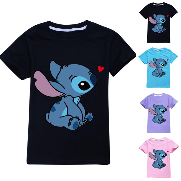 Barn Lilo och Stitch Print tecknad T-shirt Casual sommar kortärmade T-tröjor Black 11-12 Years