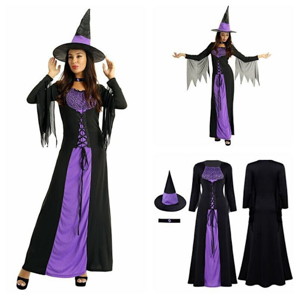 Kvinnlig häxa utklädnad Halloween Cosplay kostym & hatt kläder M